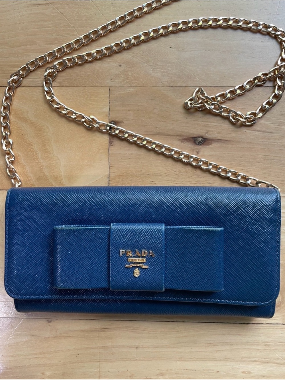Prada Blue Saffiano Bow Crossbody with Gold Chain